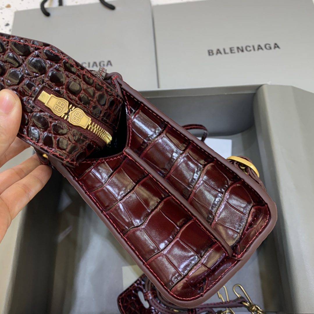 Balenciaga Neo Classic Mini Handbag Crocodile Embossed Shoulder Bag Burgundy